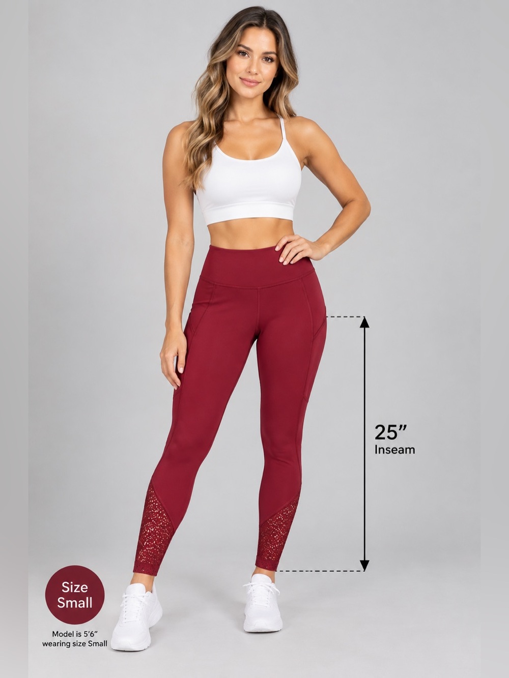 Women's PINK Sport Leggings - Burgundy with Lace Detail